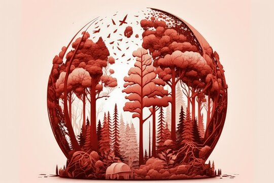 Forest covered globe. The idea of preserving the environment. Ecology. Constantly regenerating culture. SDGs. Generative AI