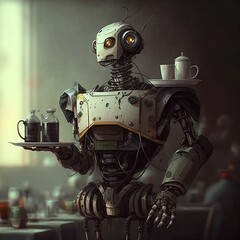 Human Waiter Serving Robot in 1960's Style Diner