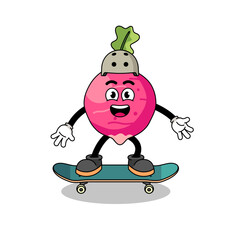 radish mascot playing a skateboard