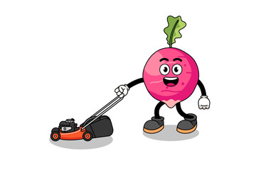 radish illustration cartoon holding lawn mower