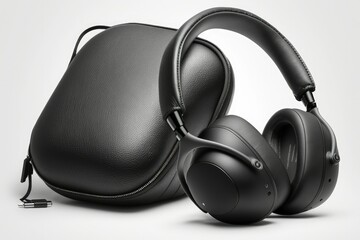 Black leather over ear headphones with wireless charging, clipped to white background. Generative AI