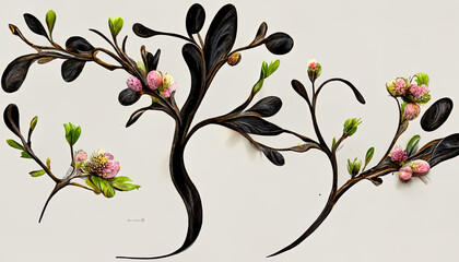 Wonderful Branch with spring flowers, Realistic fruit tree branch, Detailed hand drawn clip art element. Generative Ai