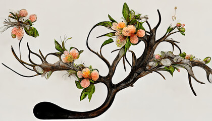 Fruit tree branch transparent set with flowers realistic isolated vector illustration. Generative Ai