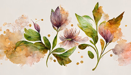 Flower watercolor art background vector, Wallpaper design with floral paint brush line art. Generative Ai