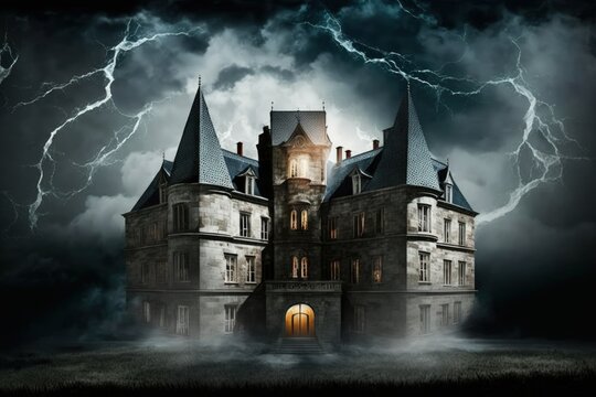 Castle in the middle of a storm, with lighted windows and doors, is obviously haunted. Generative AI