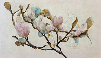 Magnolia branch with blossoming flower buds, modern minimalist art, Style floral collage in pastel color. Generative Ai
