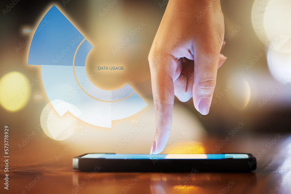 Poster Graphic, data and hand typing on a phone for connection, internet and on app. Wifi, analysis and person with digital information on mobile usage with double exposure, social media and communication