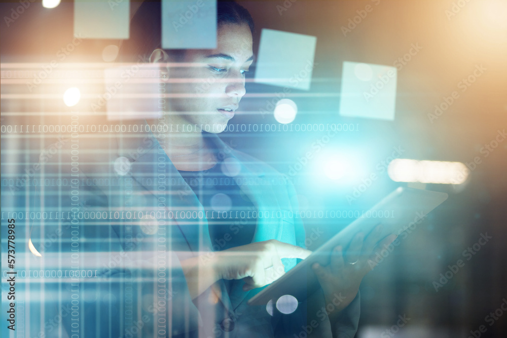 Poster digital, research and woman with a tablet for business, software network and online data. futuristic