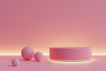 A simple podium stage with a solid pink color and neon lights, 3d rendering