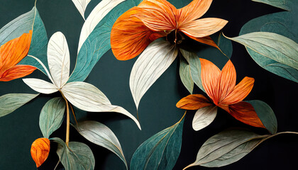Wallpaper with Plants, leaves, and Flowers with bold elements. Generative Ai