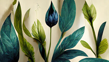 Wallpaper with Plants, leaves, and Flowers with bold elements. Generative Ai