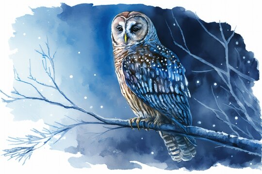 a watercolor of a winter night scene featuring a spotted owl perched on a branch against a blue dusk sky. Generative AI
