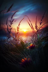 Gordijnen Digital Illustration of Beautiful Nature Scene as the Sun Shines through the Grass, Close-up, Generative AI  © Carl & Heidi