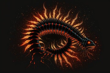 Illustration of a fiery centipede. Generative AI