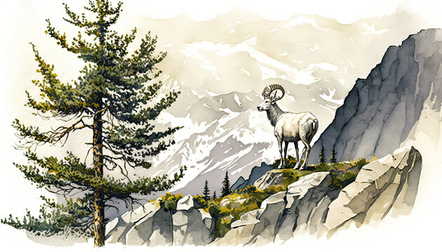 Dall Sheep Watercolor Vibrant Art for postcard or poster in Alaska forest wild scenery. An illustration created with Generative AI artificial intelligence technology