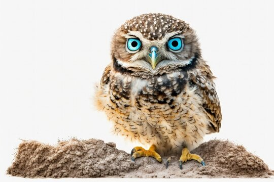 Burrowing One owl on a white background. Athene cunicularia is its Latin name. Generative AI