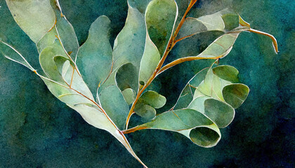 Eucalyptus leaves watercolor background collection. Generative Ai