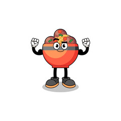 Mascot cartoon of meatball bowl posing with muscle