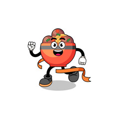 Mascot cartoon of meatball bowl running on finish line