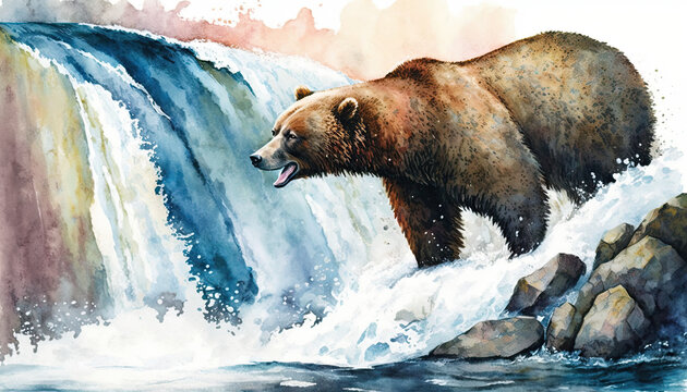 Grizzly Bear Watercolor in Katmai National Park at Brooks Falls. An illustration created with Generative AI artificial intelligence technology
