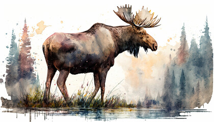 Moose Watercolor Vibrant Art for postcard or poster in  forest wild scenery. An illustration created with Generative AI artificial intelligence technology