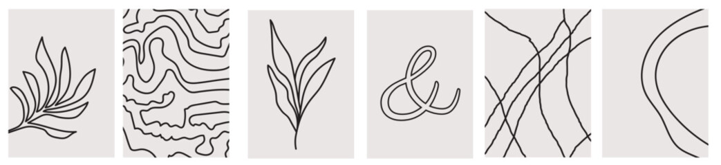 Collection of modern simple minimalistic abstractions: black silhouettes of plant leaves, hand-drawn stripe lines on a colored background