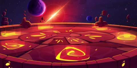 Ancient stone arena for game battle in space. Vector cartoon illustration of level platform with mysterious antique rune symbols glowing with orange lava light, planets and stars in dark night sky