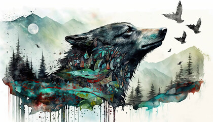 Beautiful Alaskan Wolf portrait in Watercolor illustration created with Generative AI artificial intelligence technology - obrazy, fototapety, plakaty