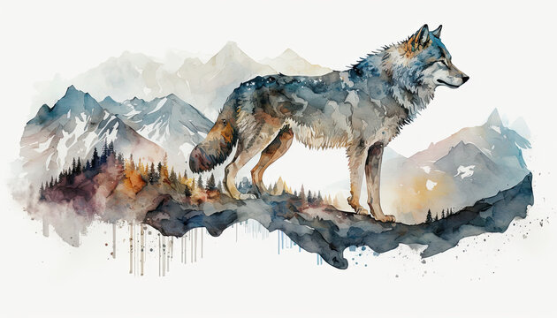 Beautiful Alaskan Wolf portrait in Alaska Mountain Landscape in Watercolor illustration created with Generative AI artificial intelligence technology