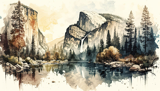 Yosemite Valley in Watercolor Painting with Half Dome, Waterfall and El Capitan.  An illustration created with Generative AI artificial intelligence technology
