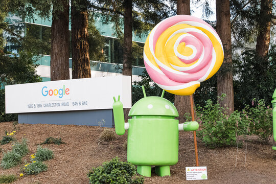 Mountain View, California, USA - February 19, 2023: Google headquarter, Android with a lollipop