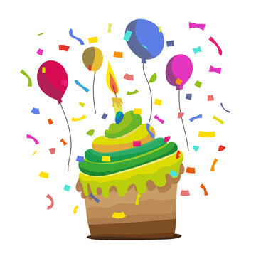 Ilustración en vectores de pastel con globos y confeti de colores, para adorno de tarjeta de cumpleaños.
