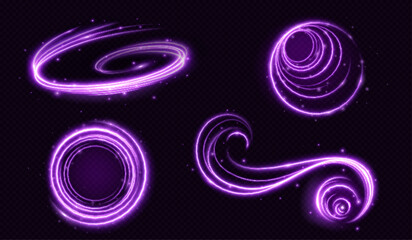 Realistic set of purple light motion effects isolated on transparent background. Vector illustration of magic neon swirl, wave, abstract curve sparkling with shiny particles. Luminous energy speed