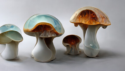 Exceptional 3D Group of mushrooms in plastic containe. Generative Ai