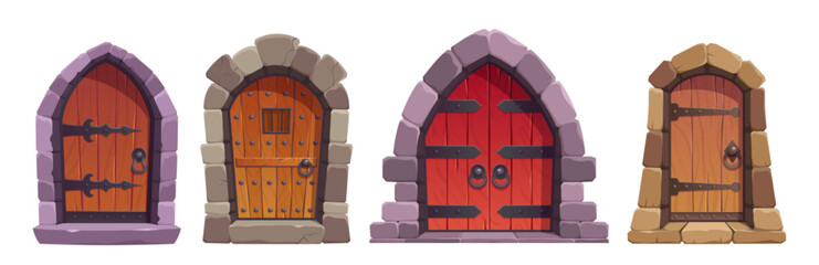 Set of dungeon or castle closed door for game vector illustration. Cartoon isolated entrance collection made of stone and wood. Antique asset for palace, church doorway exterior. Building brick entry