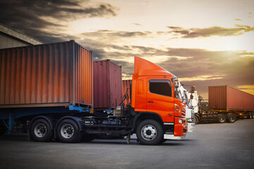 Fototapeta na wymiar Semi Trailer Trucks Parked Loading at Dock Warehouse. Shipping Cargo Container Delivery Trucks. Loading Distribution Warehouse. Freight Trucks Cargo Transport. Warehouse Logistics. 