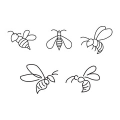 Honeybee line art clipart set. Linear collection of doodle bees. Vector illustration isolated on white background. Simple hand drawn beekeeping design elements.