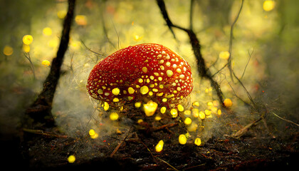 Beautiful red toadstool in the autumn forest mushroom toadstool. Generative Ai - obrazy, fototapety, plakaty