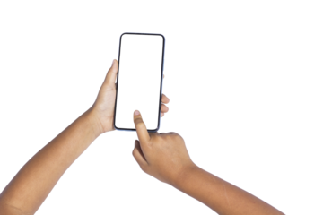 A girl's hand holds a separate smartphone on a white background, cutting the path. Content, do not let the child play with the phone too much.