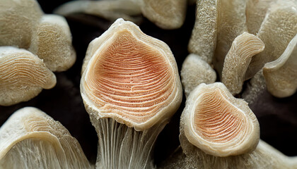 Close up of gills of oyster mushroom, Pleurotus ostreatus. Generative Ai