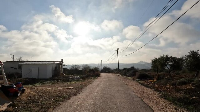 Caravans on an access road in the settlement of Alon Shvut in Gush Etzion. winter day