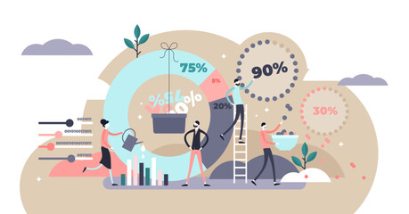 Naklejka premium Data processing illustration, transparent background. Flat tiny information work persons concept. Creative visualization with business percentage readings.
