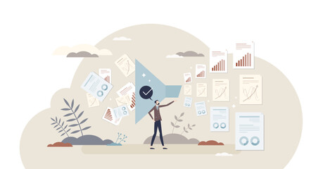 Data wrangling and information sorting with right order tiny person concept, transparent background. Big data info sorting and processing using digital funnel document analysis illustration.