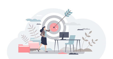 Focusing on work goal and best task performance results tiny person concept, transparent background. Success score for female business and career illustration.