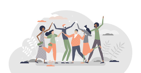 Friends as social community group together despite diversity tiny persons concept, transparent background. Multiracial and multicultural crowd with close relationship illustration.