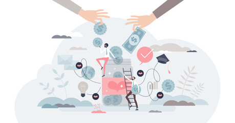 Fundraising event with money collection and support tiny person concept, transparent background. Crowd funding volunteering project with finances gathering for common goal illustration.