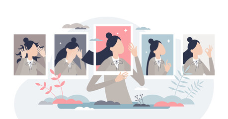 Mood change with various emotions as feelings diversity tiny person concept, transparent background. Facial expression with different personality behaviors and reactions illustration.