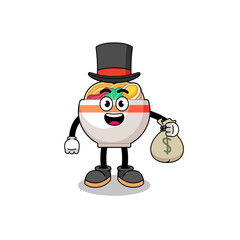 noodle bowl mascot illustration rich man holding a money sack