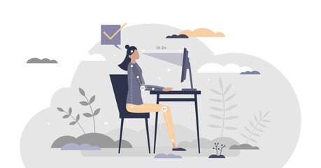 Office ergonomics as correct and healthy sitting posture tiny person concept, transparent background. Workspace table or chair adjustable position for spinal comfort illustration.