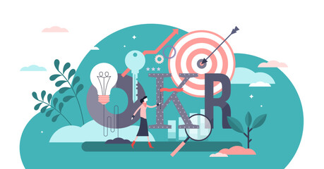 OKR illustration, transparent background. Flat tiny Objectives key results person concept. Effective strategy method to success target. Defining, evaluate and tracking business goal outcome.